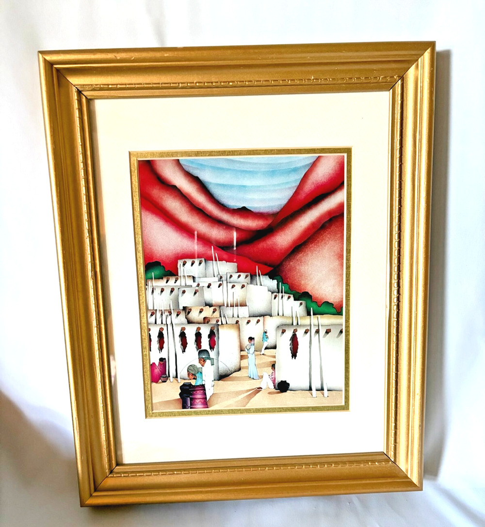 Amado Pena Lithograph Mexican Village Pueblo Native American Art Framed VTG